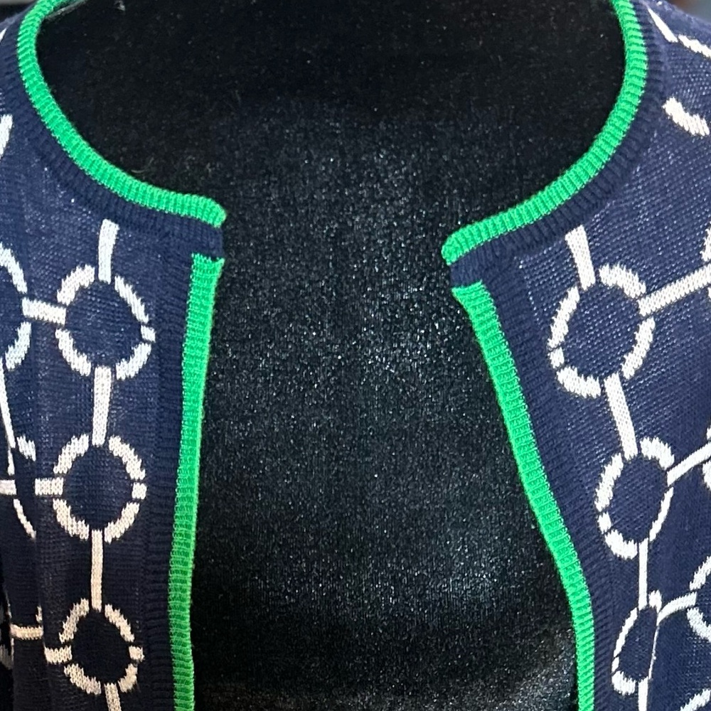 Navy Pattern Cardigan with a fun twist of Green along the edges! Fun! Size Small - Picture 1 of 7